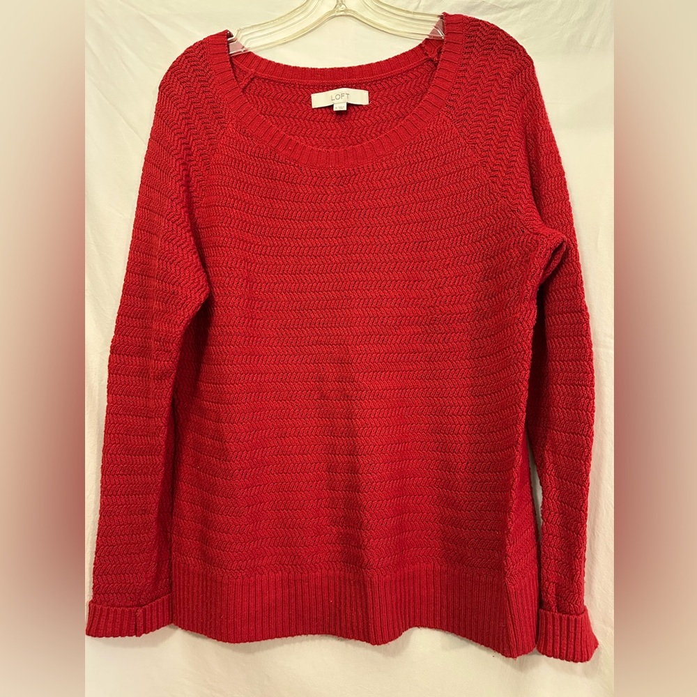LOFT Red Crew Neck Sweater with Textured Knit